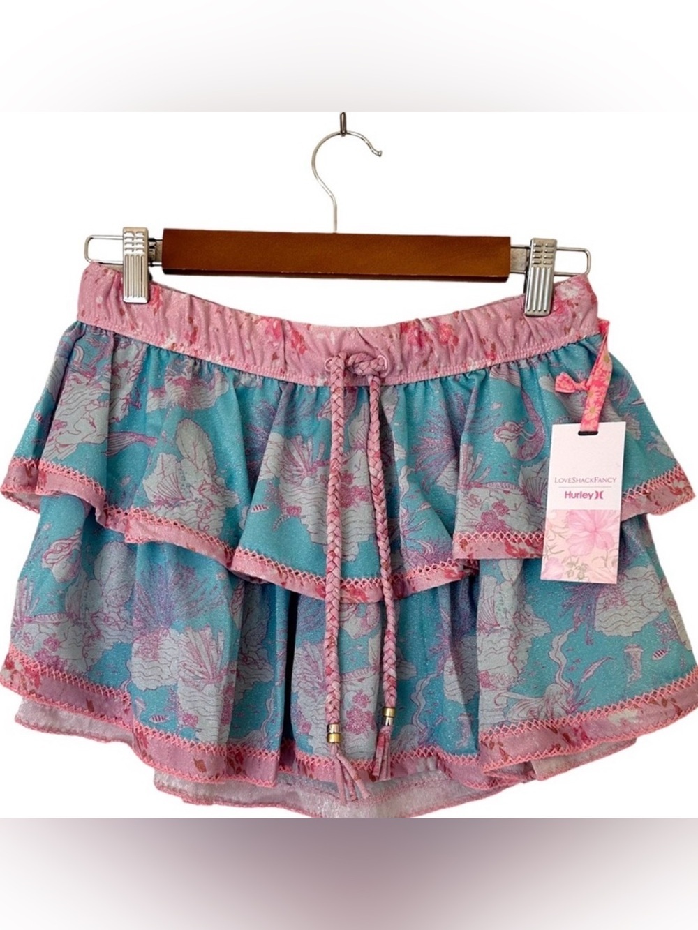LoveShackFancy x Hurley Mermaid Print Tiered Ruffle Skirt Pink Blue S Sold Out